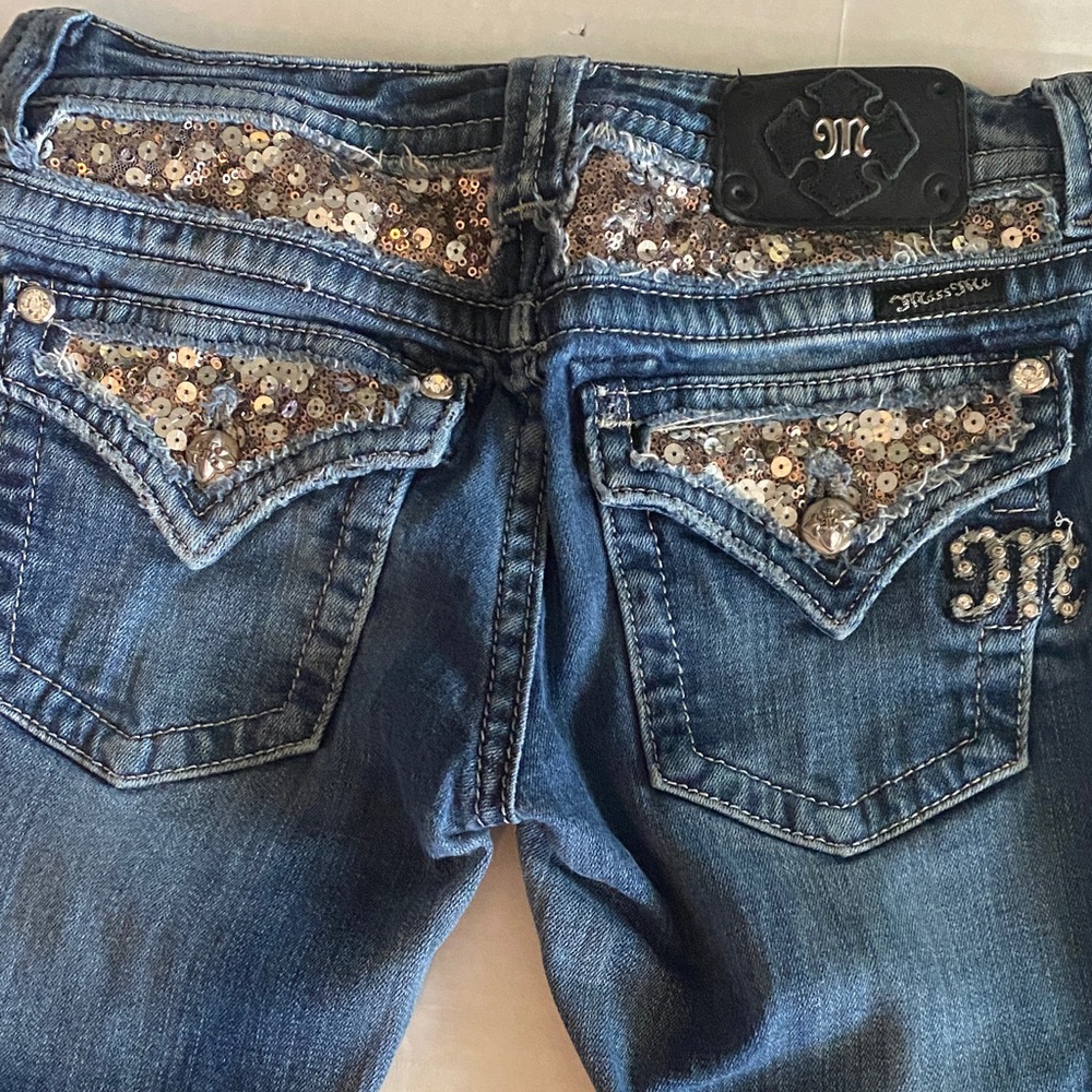 Miss Me Blue Jeans with Silver Sequin Accents